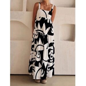 Black on White Printed Maxi Dress Square Neck